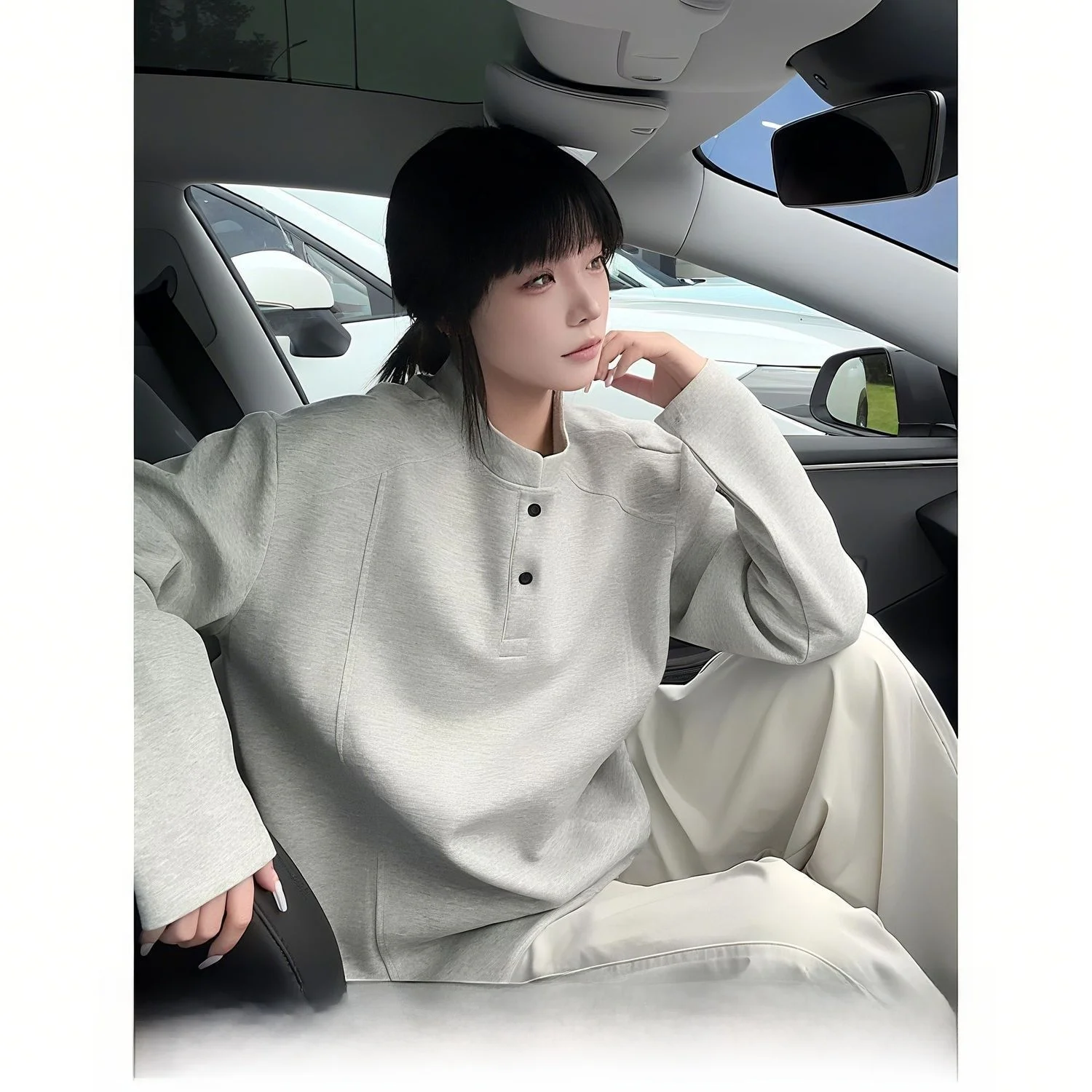 White Grey Men's Long Sleeve Hoodie Stand Collar Henley Neck T-Shirt American Deconstructed Patchwork Heavyweight Sweatshirt