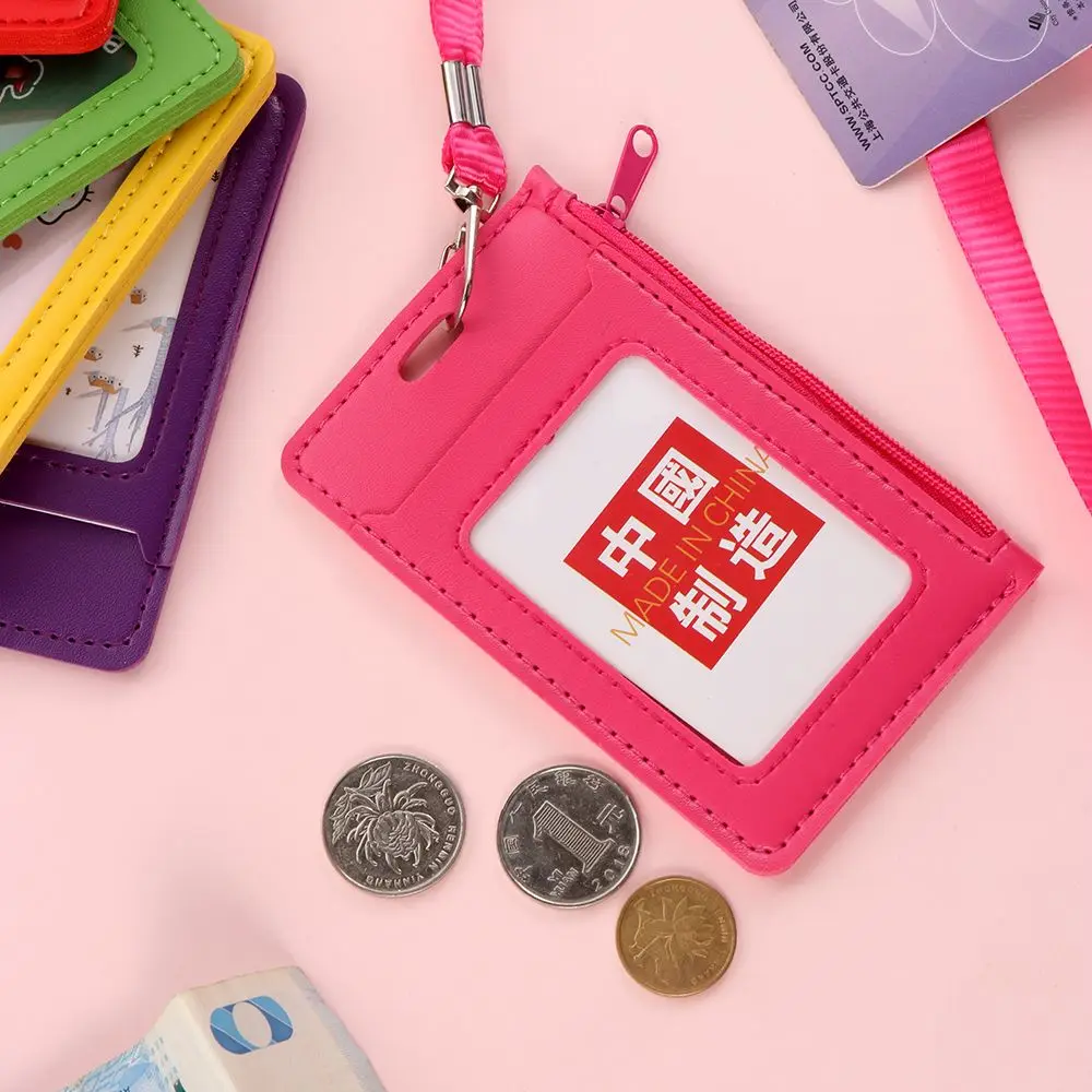 Luxe Pu Lederen Dubbele Kaart Mouw Id Badge Case Clear Bank Credit Card Badge Holder Portemonnee Zip Kaart Tas met Nek Lanyard