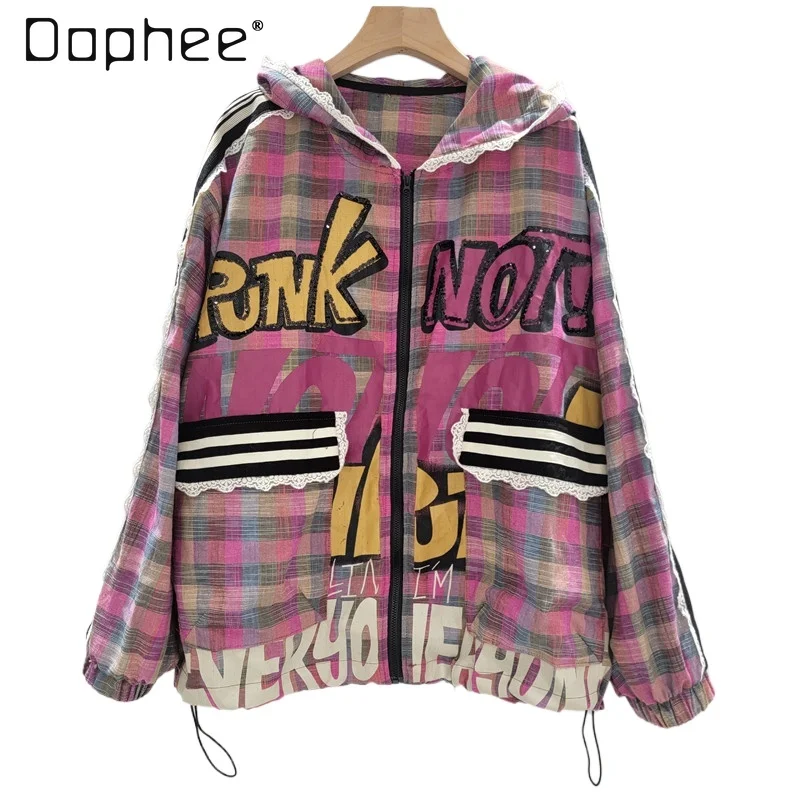 

European Trendy Brand Hoodies 2025 Summer Loose Large Version Color Matching Hooded Plaid Cartoon Sunscreen Jacket Women's Top