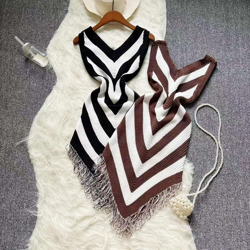 2025 ใหม่เซ็กซี่ฤดูร้อนถักชุดผู้หญิง Elastic เอว Bodycon Sundress ชายหาดหญิง Backless พู่ชุดมินิ