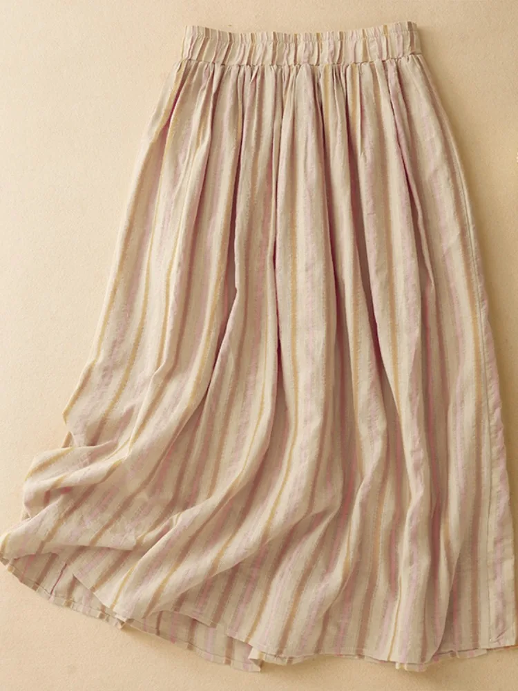 

Модная хлопковая полосатая юбка-миди, женская летняя легкая драпированная утягивающая повседневная юбка трапециевидной формы больших размеров, винтажная юбка для поездок на работу