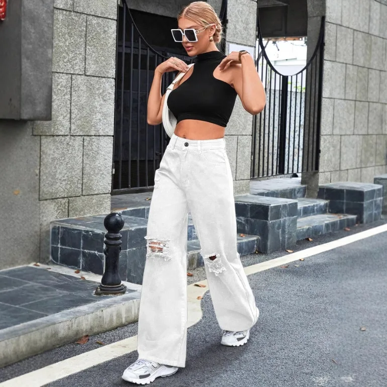 

Модные джинсы с высокой талией и широкими штанинами, повседневные джинсовые брюки с дырками, удобные для города, стандартный крой