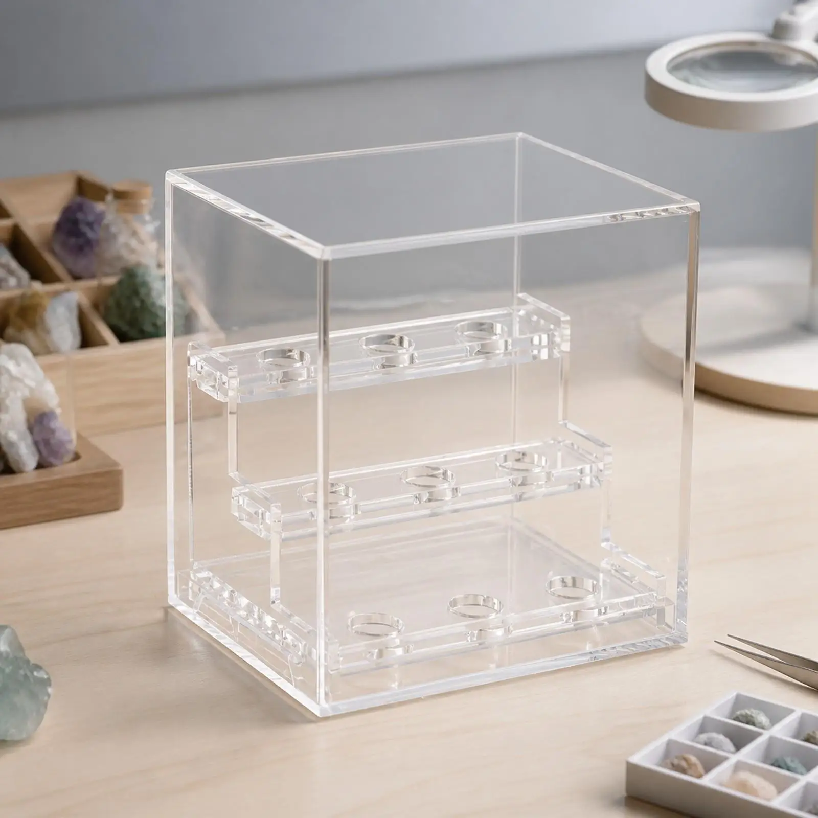 Acrylic Crystal Showcase with Circular Holder Openings for Stones Minerals Specimens Display Case for Desk Shelf Cabinet