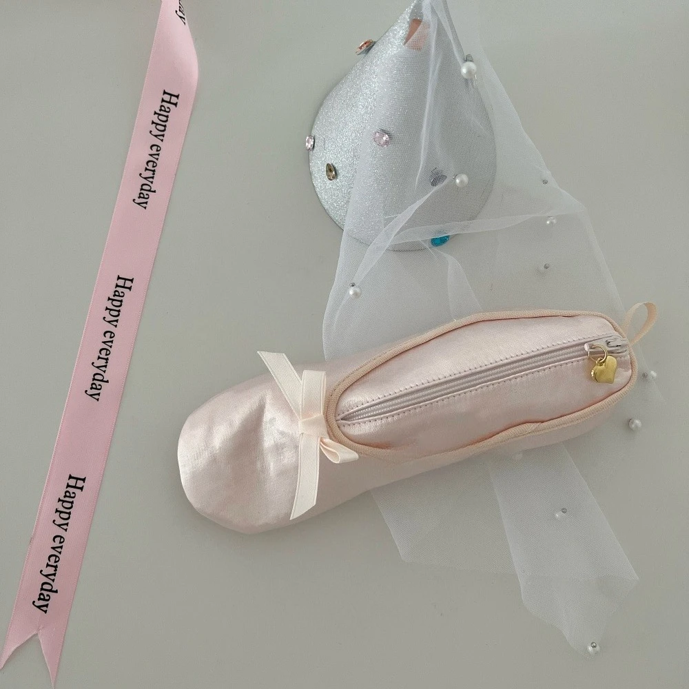 Sweet Girl's Heart Pink Ballet Shoes Style Storage Bag Student Pen Bag Makeup Bag Stationery Wallet Decorative Accessories Gifts