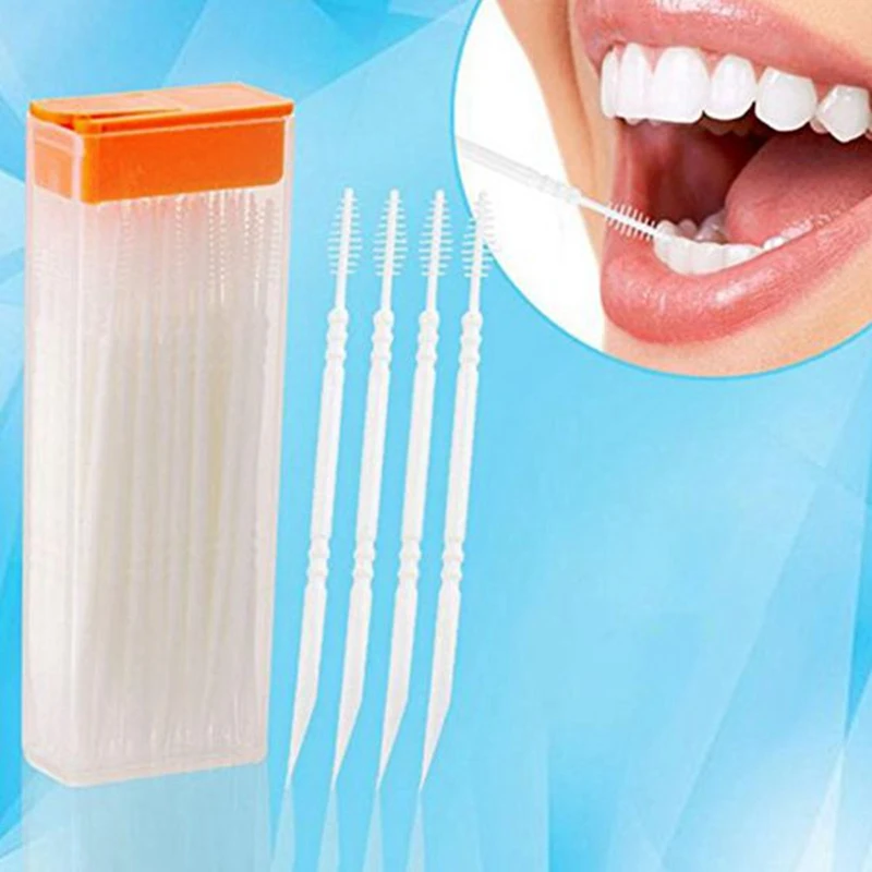 100 Pcs Plastic Toothpicks 2 Way Tooth Picks Interdental Brush Cleaners Portable Box Random Color