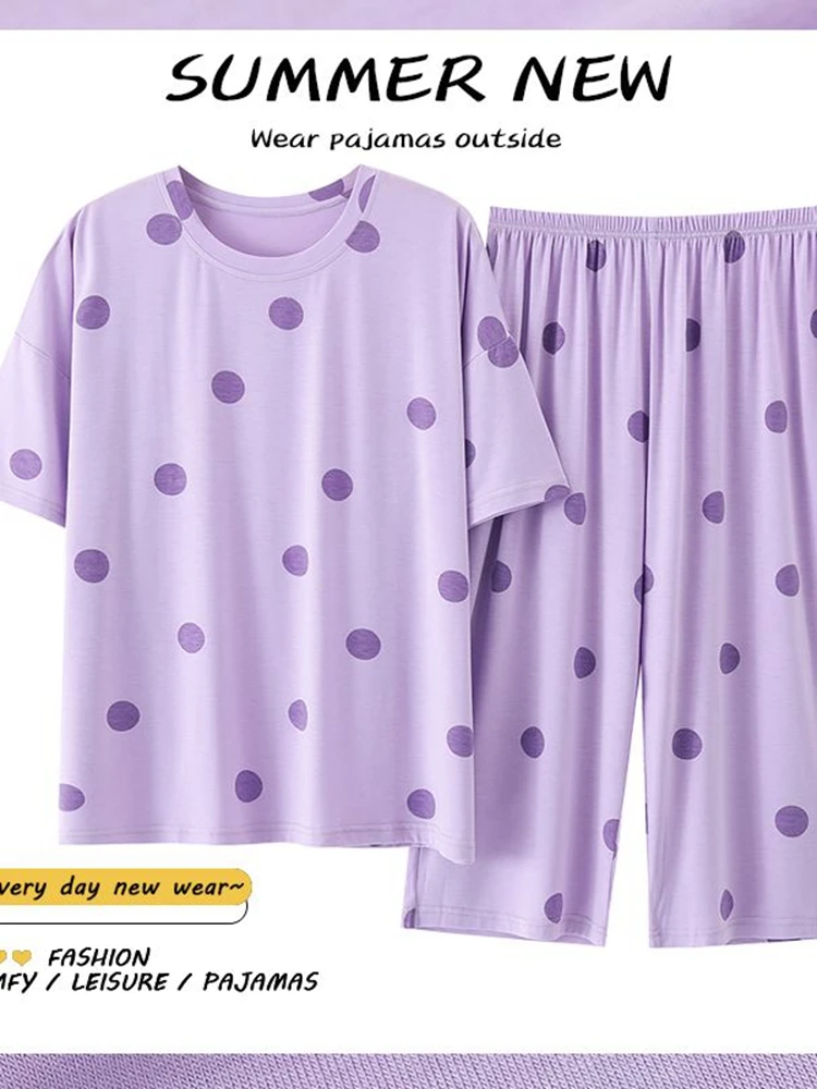 Komplet Piżamy Damskiej Plus Size 5XL 110kg Letni Zestaw do Spania Krótki Rękaw Top i Szorty Słodki Komplet Bielizny Nocnej — zdjęcie 2