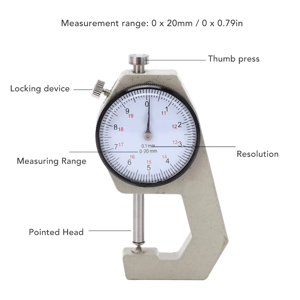 0-20mm Range Dial Thickness Gauge Pointer Display Round Reading Indicator Portable Thickness Meter Metal Flat Pointed Head