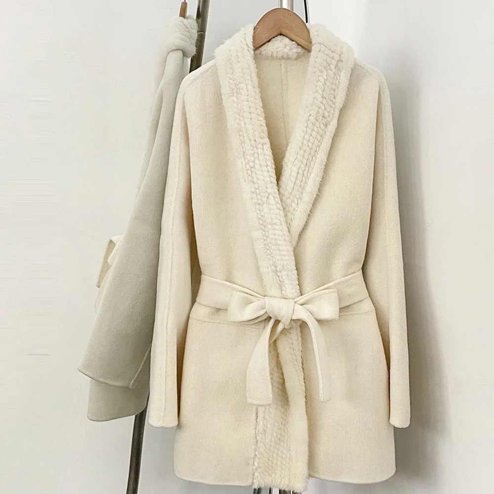OFTBUY Vollständig Gepolsterte Echte Nerzfell-Mittellange Wolljacke für Damen Neue Winterkleidung Damen Mantel mit Gürtel aus Naturpelz-Wollmischung – Detail 13