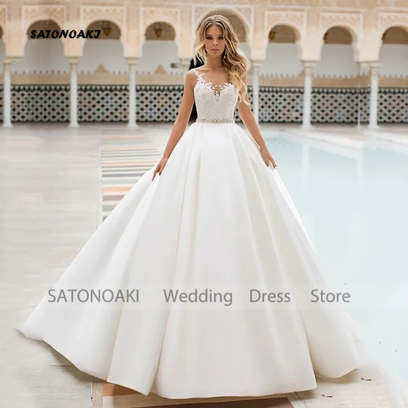 

Customized Luxury Lace Satin Wedding Dress for Bride Scoop Neck A Line Simple Bridal Gowns Floor Length Vestidos De Novia Robe