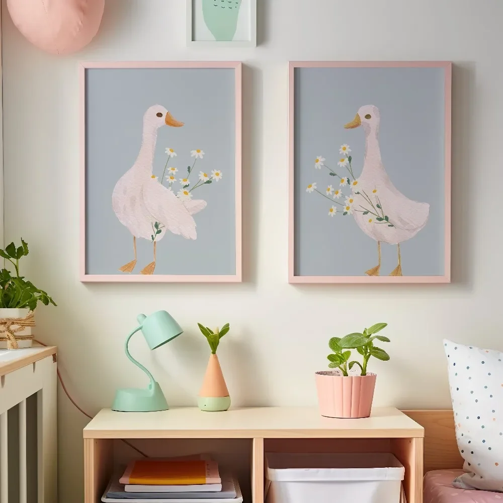 2pcs frameless Canvas Painting 2pcs Frameless Cute Duck and Swan-like Goose Wall Art Poster,Room Decor with Gray and Pink Canvas