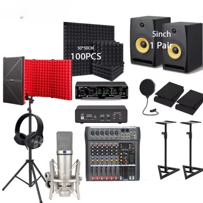 

Professional Studio Recording Monitor Speaker Microphone Headset Sound Card Home Music Singing Broadcast Equipment Kit