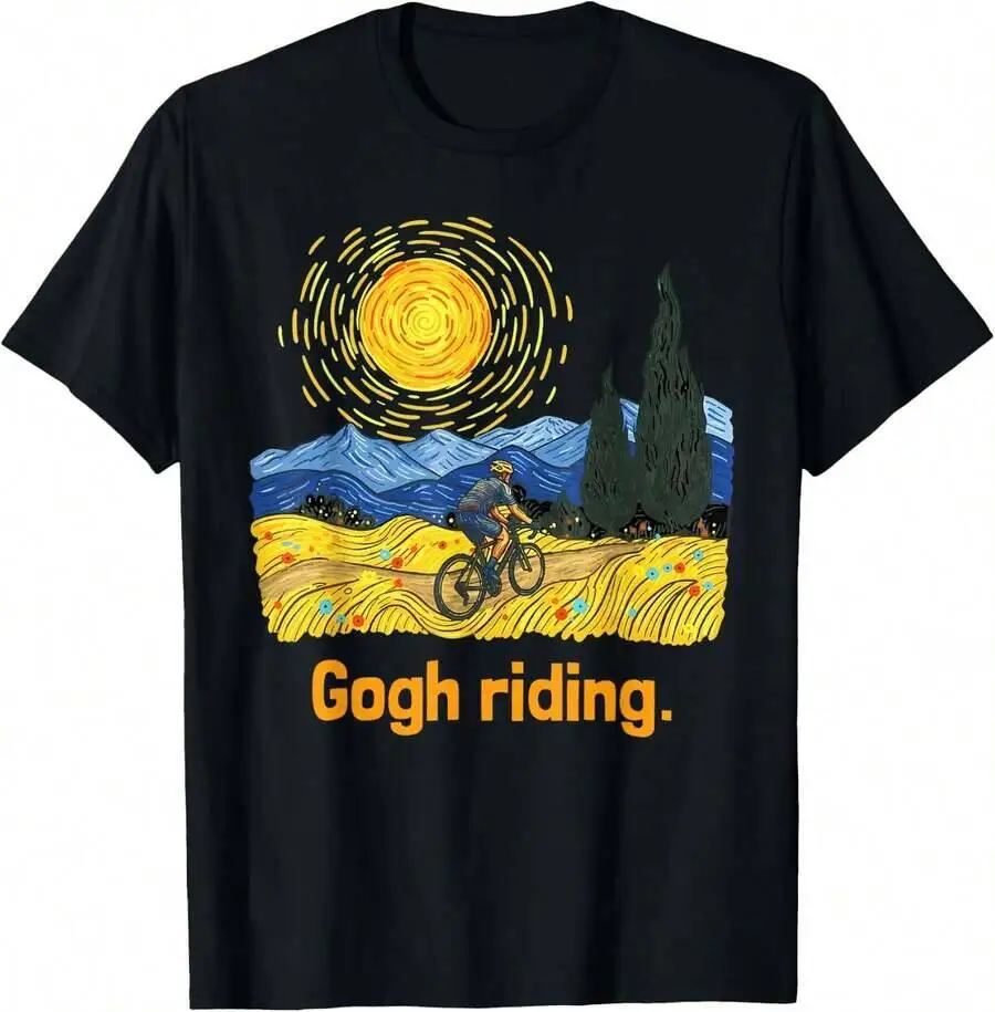 Riding Funny Van Gogh Cycling Bicycle Pun Design T-Shirt 100% Cotton Trendy Y2K Short-Sleeve Tee – Soft, Quick-Drying, &