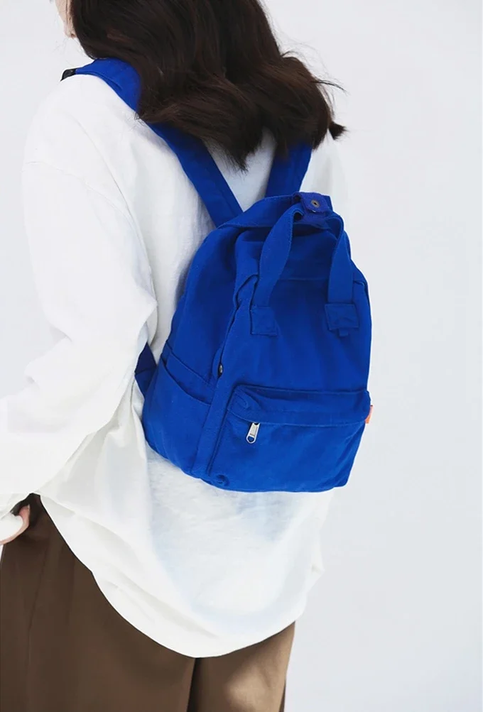 Female Korean Fashion Small Size Canvas Fabric Cute Travel Backpack Teenager Ins Trend Casual Mini Roomy Klein Blue Rucksack