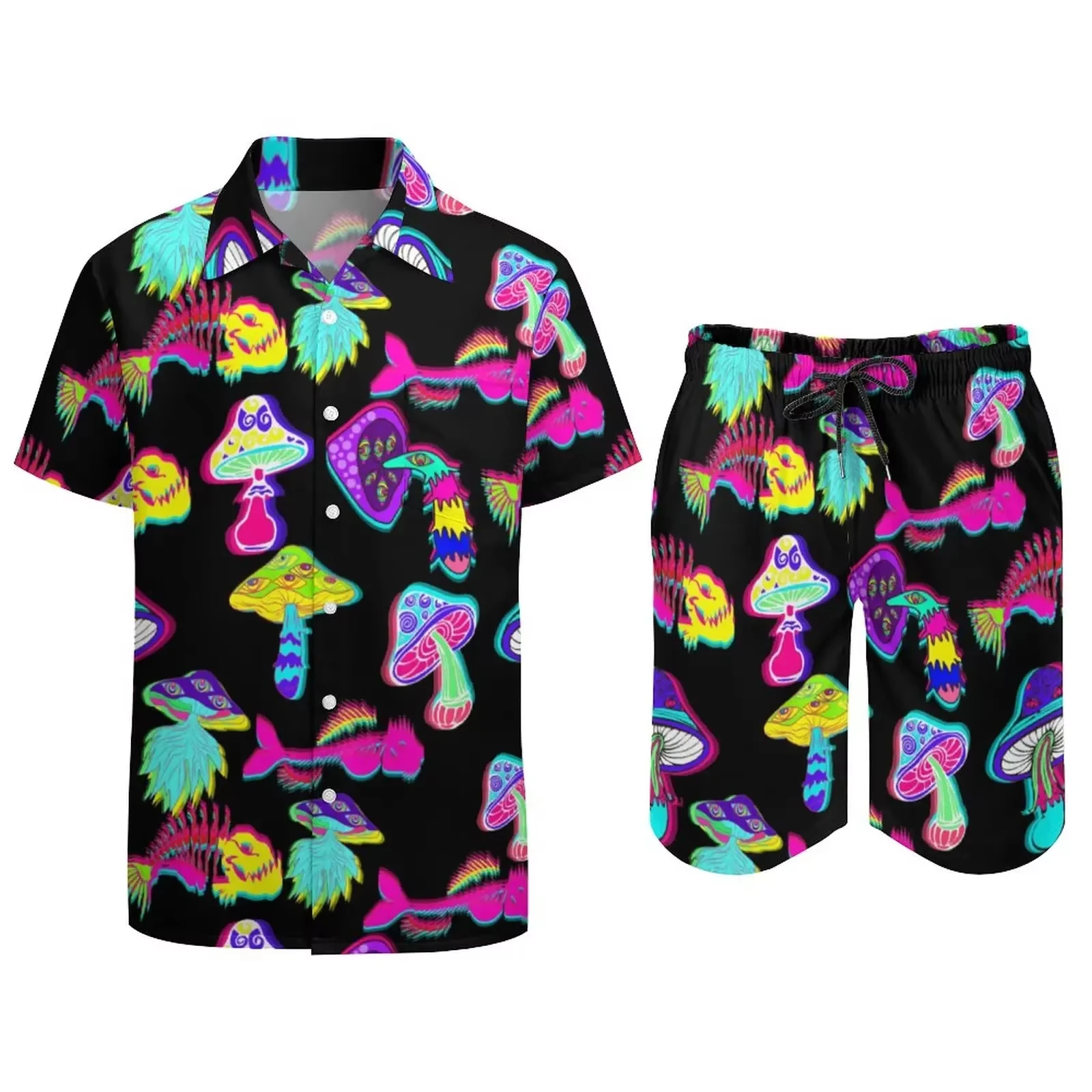 Men Sets Magic Mushroom 80S 90S 3D Print Hawaiian Shirt Set Men's Women's Casual Fashion Shirt+Shorts 2PCS Outfit Set Beach Suit - Image 4