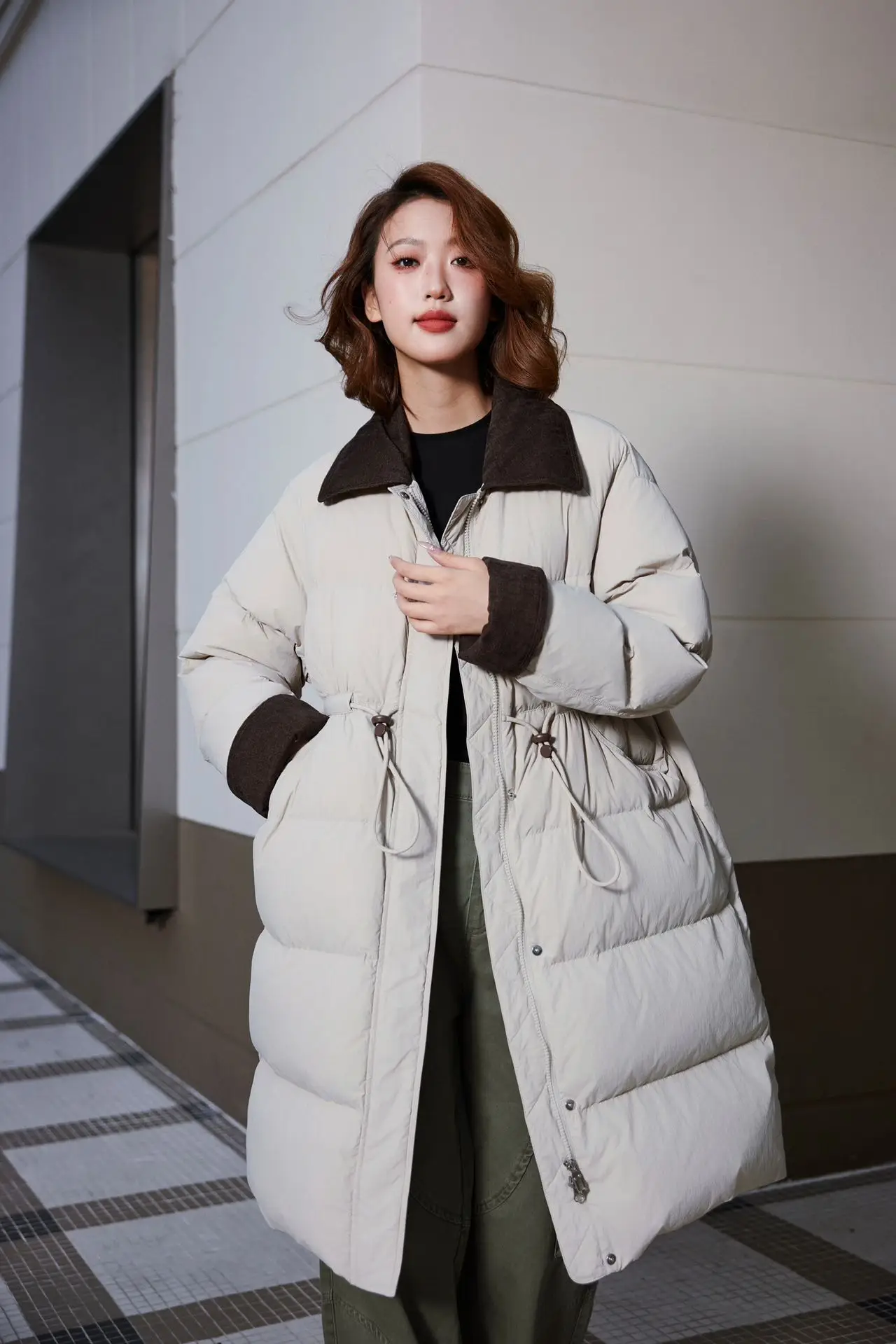 

Winter Long Corduroy Lapel Drawstring Down Jacket Female Loose Warm Parker Outwear Women White Duck Down Knee Length Down Jacket