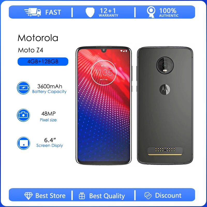 Оригинальный разблокированный смартфон Motorola Moto Z4 XT1980 One Sim, 4 ГБ ОЗУ, 128 ГБ ПЗУ, восьмиядерный, 48 МП, 6,4 дюйма, 3600 мАч, Android 9 NFC, FM Оригинальный разблокированный смартфон Motorola Moto Z4 XT1980 One Sim, 4 ГБ ОЗУ, 128 ГБ ПЗУ, восьмиядерный, 48 МП, 6,4 дюйма, 3600 мАч, Android 9 NFC, FM