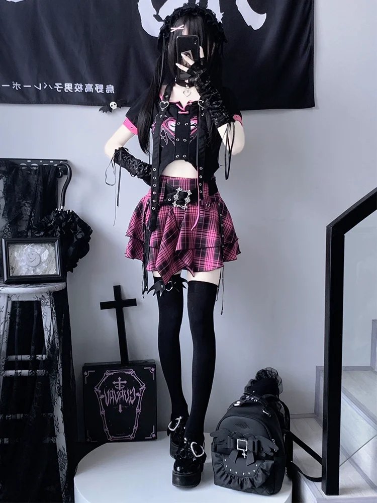 Japanese Harajuku Gothic Subculture Hip-hop Hot Girl Slim Fit Short Top T-shirt High Waist Irregular Plaid Skirt Two-piece Sets