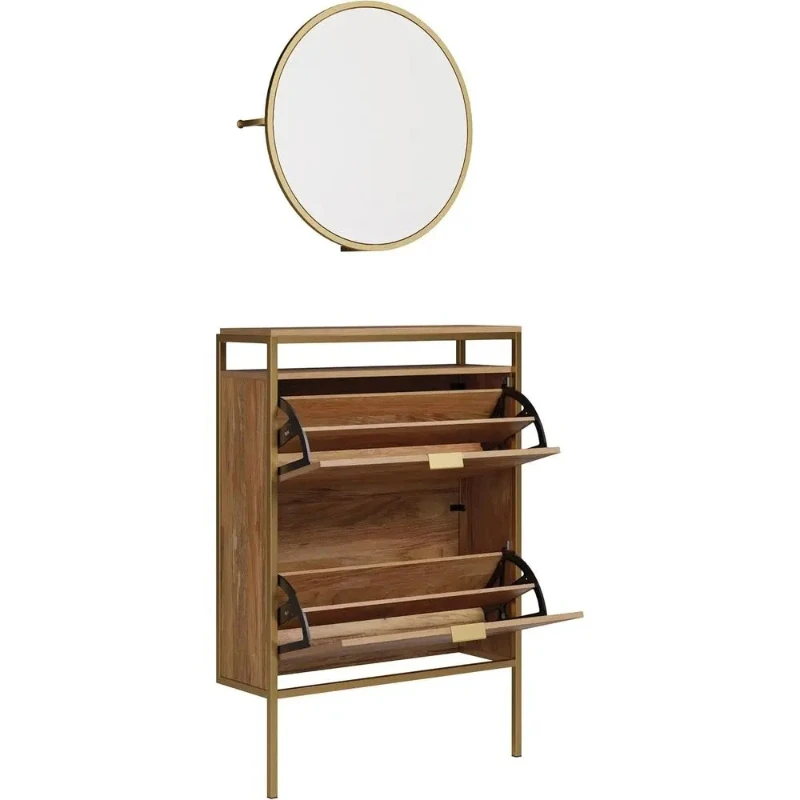 Brown Engineered Wood Wall Shoe Cabinet with Mirror & Hooks, Space-Saving Design, 30.24x10.12x44.02 in