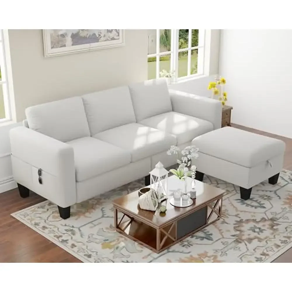 Velvet 3 Seater L-Shaped Sofa with Ottoman Storage Beige Birch Wood Frame