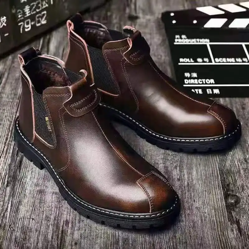 Men's Plus-size Chelsea Boots Leather Boots Retro Brown Fashion Casual Work Boots Non-slip Thick Sole Warm Lined High-top Shoes