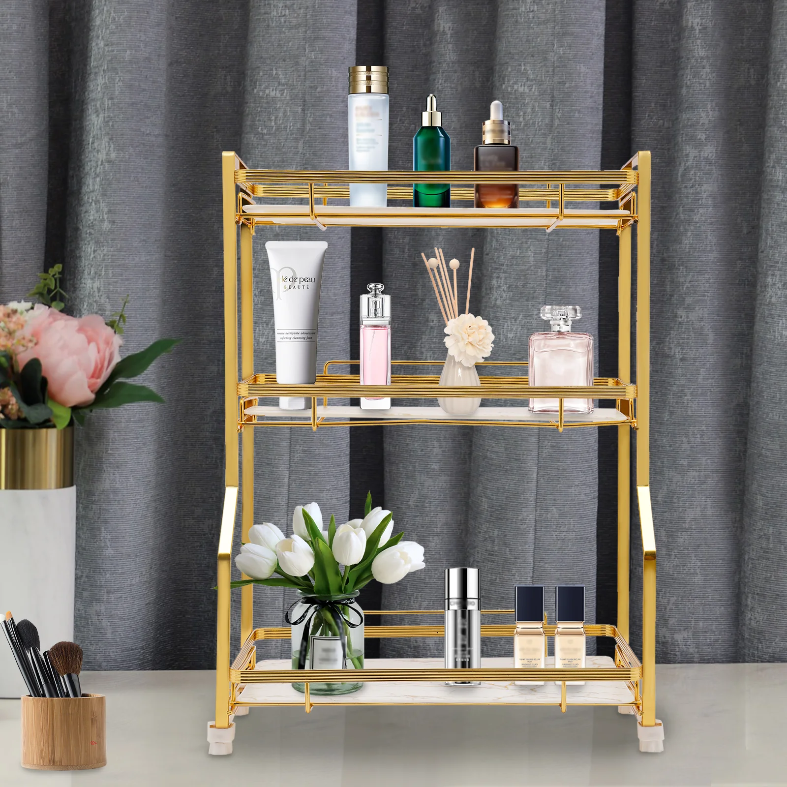 

3 Tier Bathroom Countertop Organizer, Bathroom Vanity Counter Organizer with Small Storage Basket for Skincare Makeup Perfume