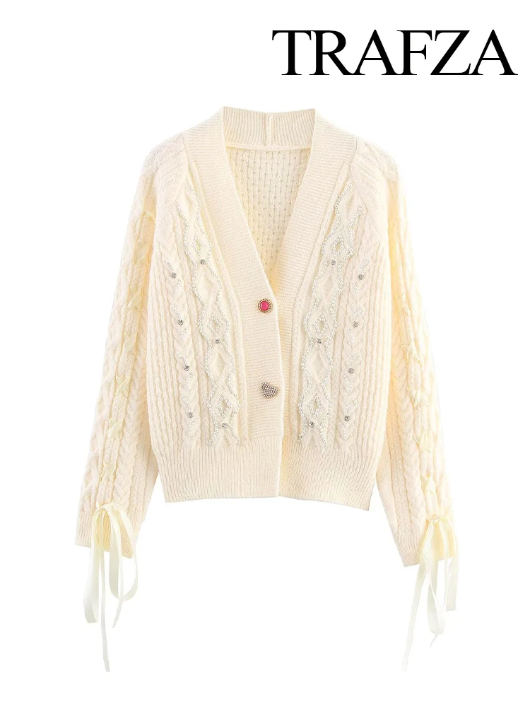 

HH Women 2025 Autumn Fashion Versatile V-neck Rope-Beaded Knitted Cardigan Female Simple Long-Sleeved Commuting Sweater Coat