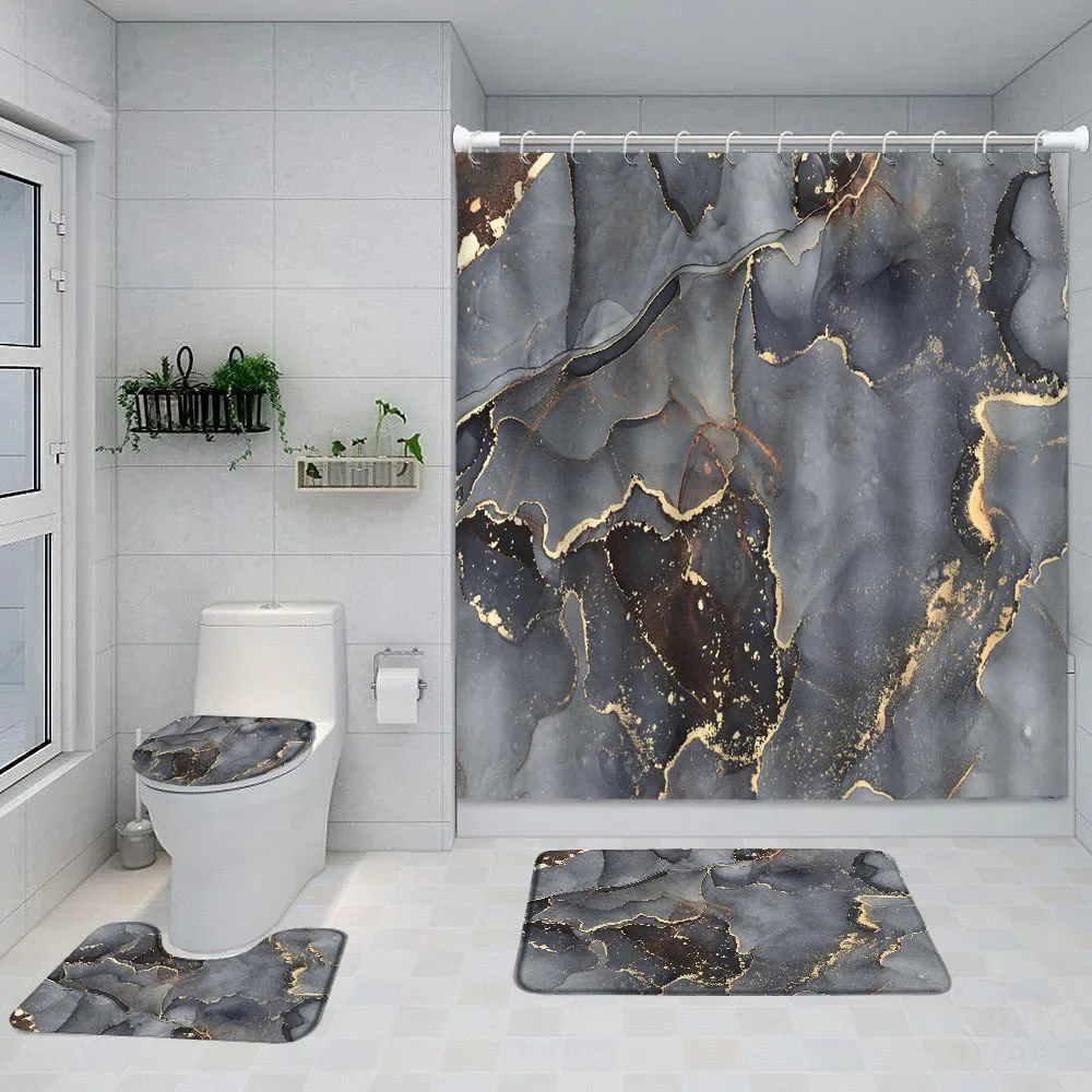 Blue Gold Marble Bathroom Sets Full Set Gold Crackle Line Abstract Modern Art Home Bath Curtains Rug Toilet Cover Bathroom Decor