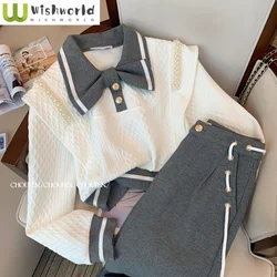 Lapel Bow Long Sleeved Gray Pullover Jacket with Tie Up Casual Pants Two-piece Set Fashionable Women's Pants Set
