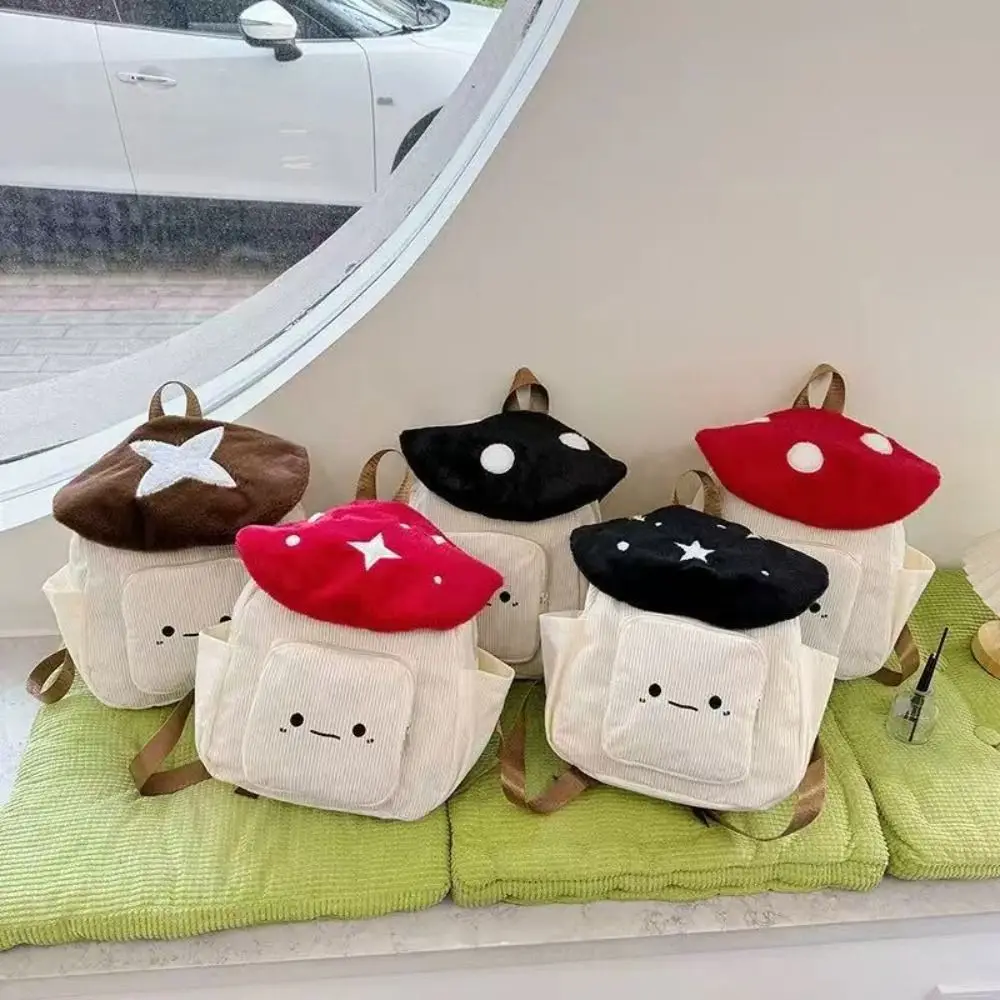 Polka Dot Embroidered Mushroom Backpack Plush Cute Corduroy Shoulder Bag Handbag Korean Style Cartoon Children's Schoolbag Child
