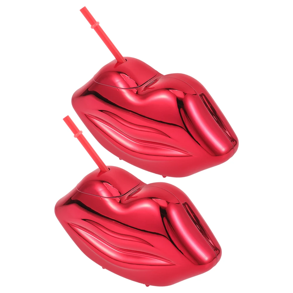 

2 Pcs Red Lip Stipe Cup Creative Drinking Cups Beach Tumbler Bottle Ktv Bar with Straw Beverage Hawaii