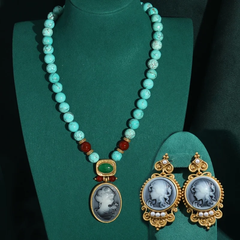 

Vintage Gold Color Beauty Head Cameo Jewelry Sets Turquoise Beads Pendent Necklace Palace Pearl Drop Earring For Wedding Jewelry