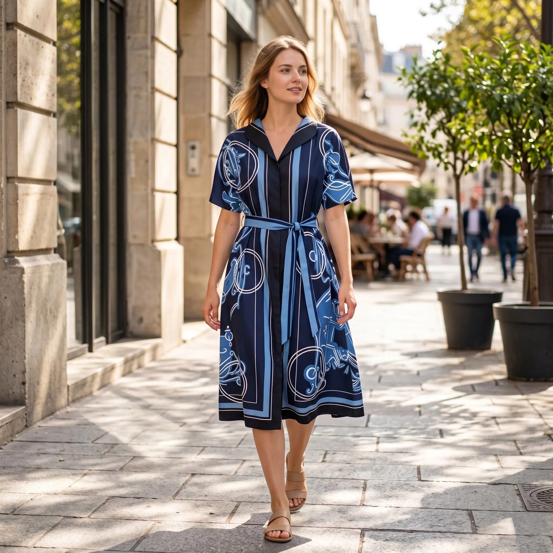 100% Silk Women Abstract Print Midi Dress Short Sleeve Tie Waist A Line Dress French Chic Elegant Resort Wear Summer BF2030
