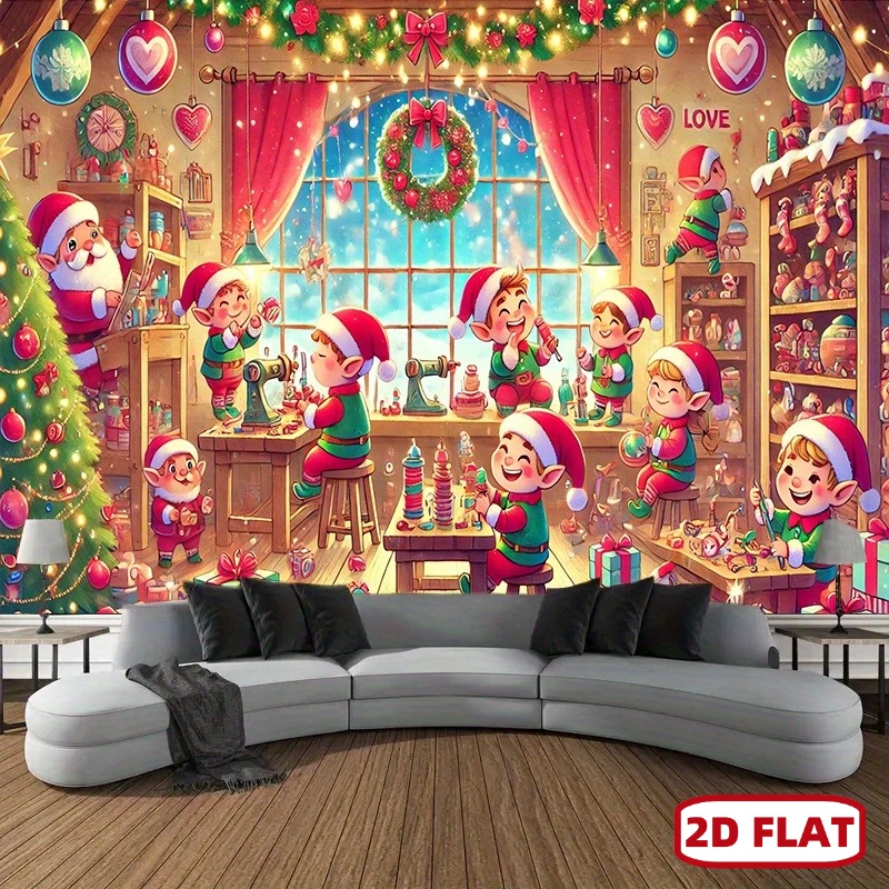 2D flacher 1-teiliger Weihnachts-Polyester-Hintergrundstoff – Weihnachtsmann-Elfen und Spielzeugfabriksszenen, Weihnachtsdekorationen