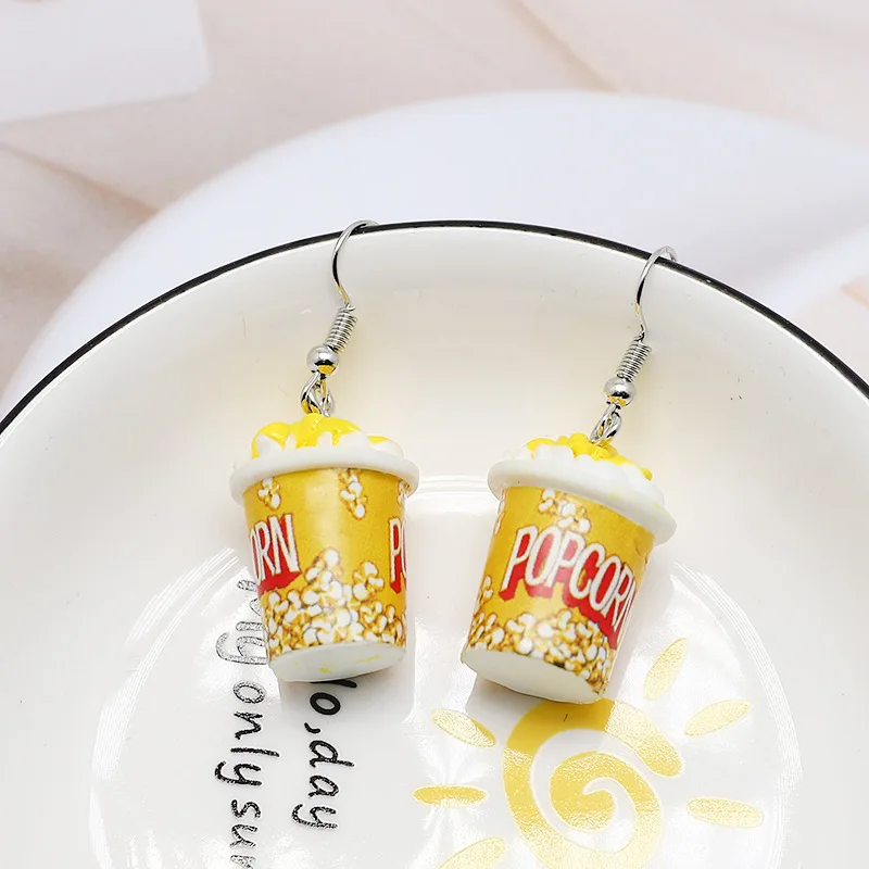 Resin Buckets Popcorn Hamburger Drop Earrings For Women Creative Funny Cute 3D Simulation Food Snack Pendant Eardrops Jewelry