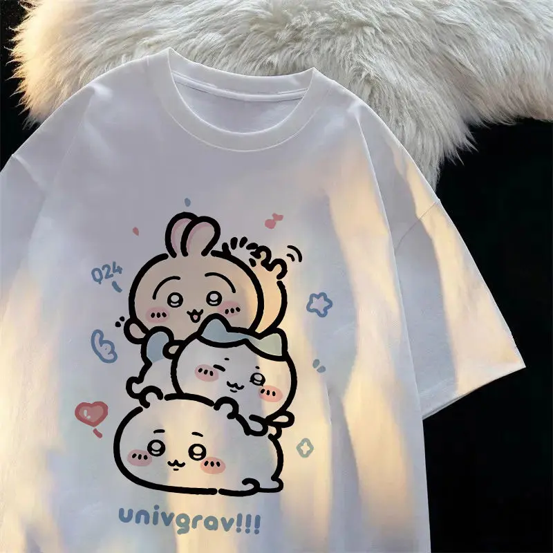 Chiikawa Stack T-Shirt Japanese Kawaii Anime Graphic Oversize Loose Casual Short Sleeve Cotton Top for Women Girls