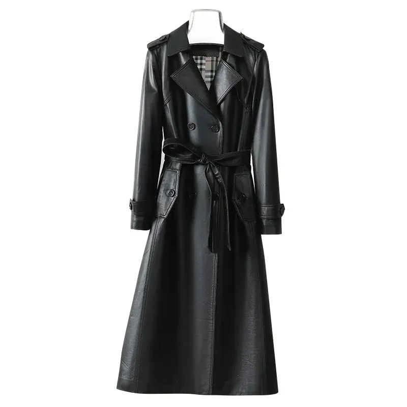 Leather leather women long waist sheep coat 2024 spring and autumn new high-end temperament coat women