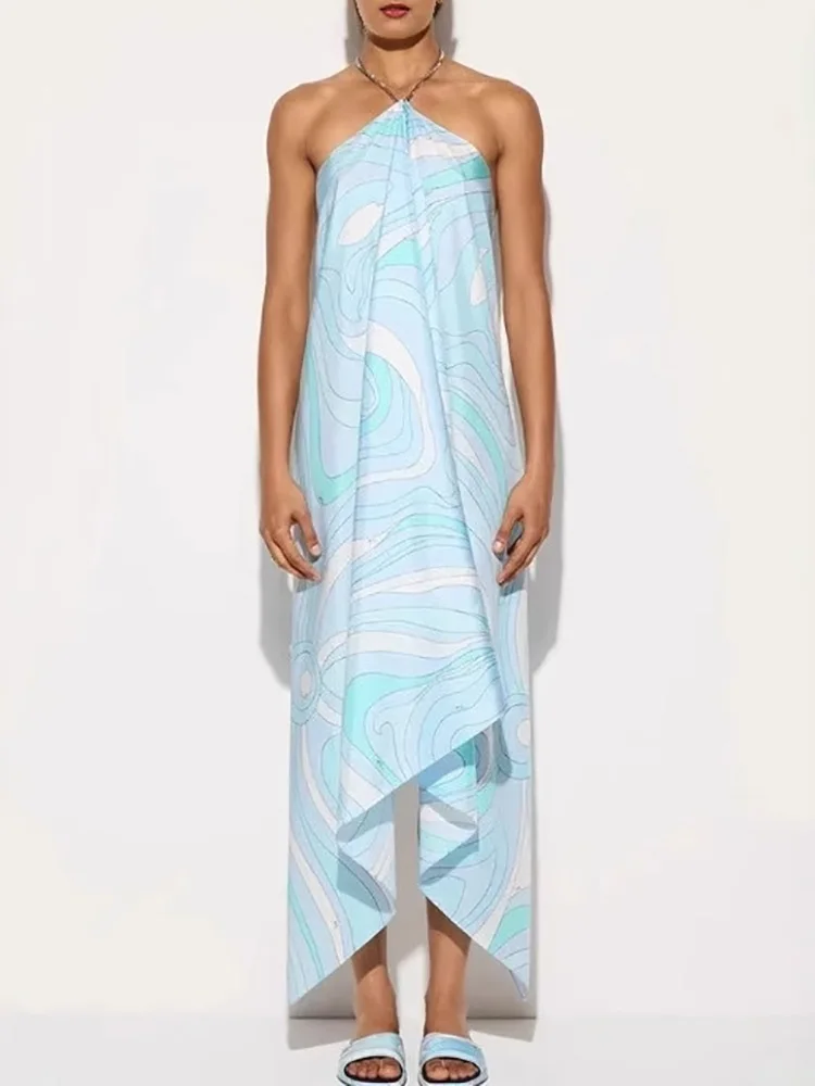 Abito lungo irregolare allentato con stampa modello di moda Abito da donna sexy con scollo all'americana e spalle scoperte Abito da festa estivo senza schienale Boho