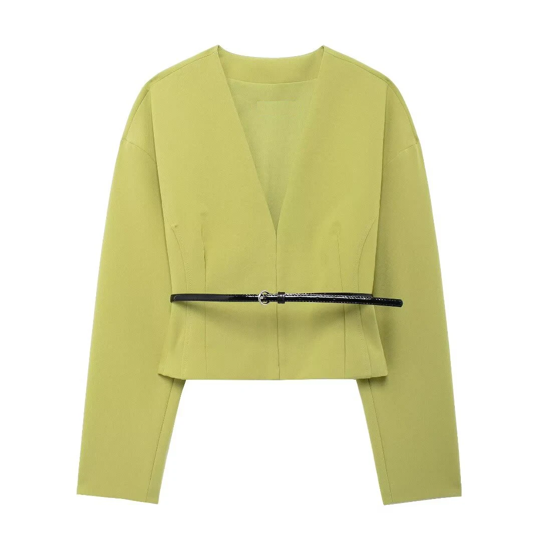 Tangada 2024 Women Green Blazer Jacket With Slash Long Sleeve Ladies Crop Suit BE0184