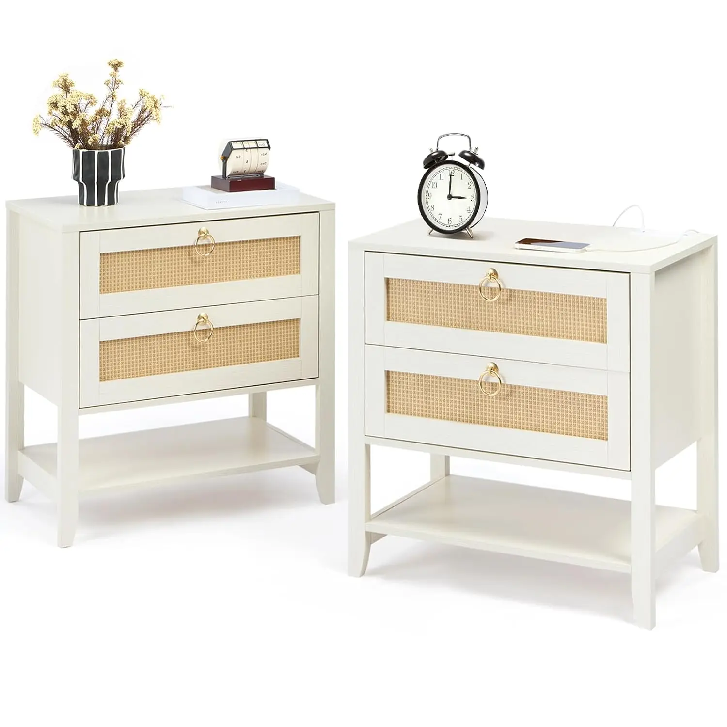 White Rattan Nightstand Set Of 2 With Charging Station, Boho Bedside Table With Drawers & Storage Shelf For Bedroom, Customized