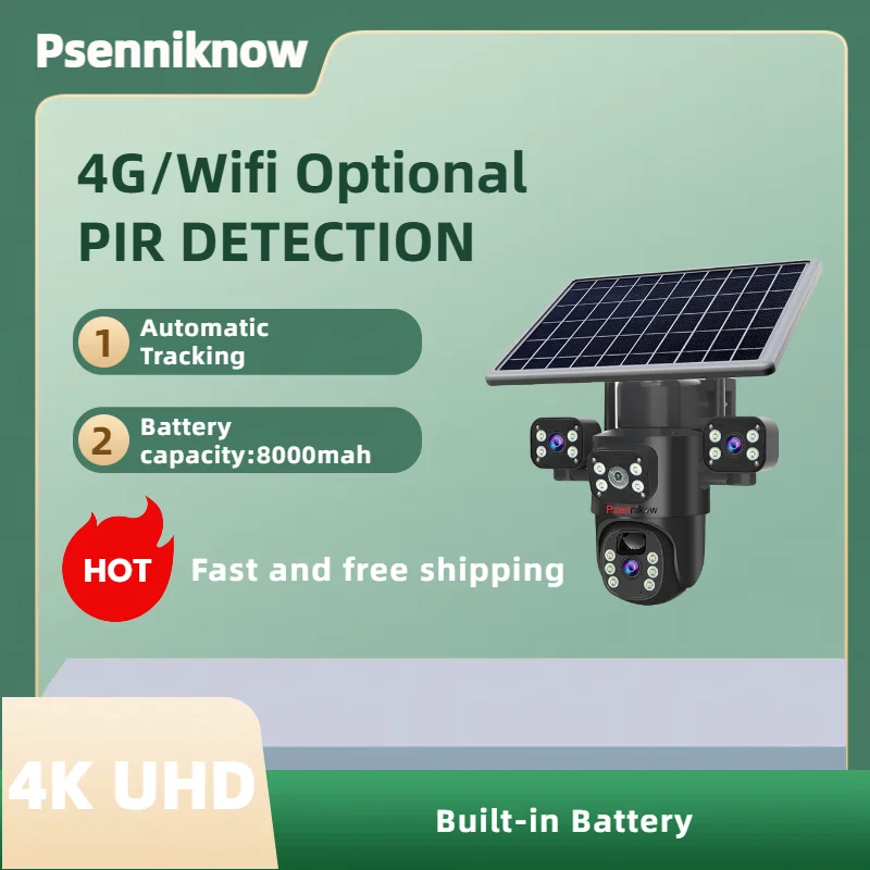 

4K 6MP Solar Camera 4G SIM/WIFI Three Lens Security Outdoor Recording Humanoid Tracking Color Night Vision PIR Detect Camera