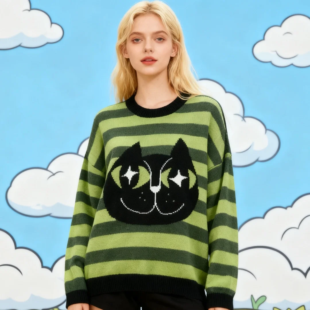 الرجعية الأخضر القط محبوك سترة جولة الرقبة طويلة الأكمام المرأة الخريف أزياء تريكو مريح أعلى نمط مبتكر #2