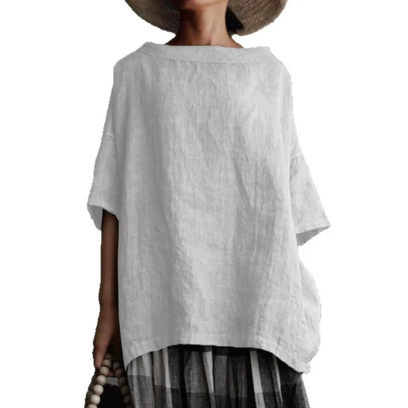 Loose Fit Round Neck Top with Patchwork Retro Short Sleeve Regular Sleeve Casual Summer Vintage Inspired T Shirt for Women