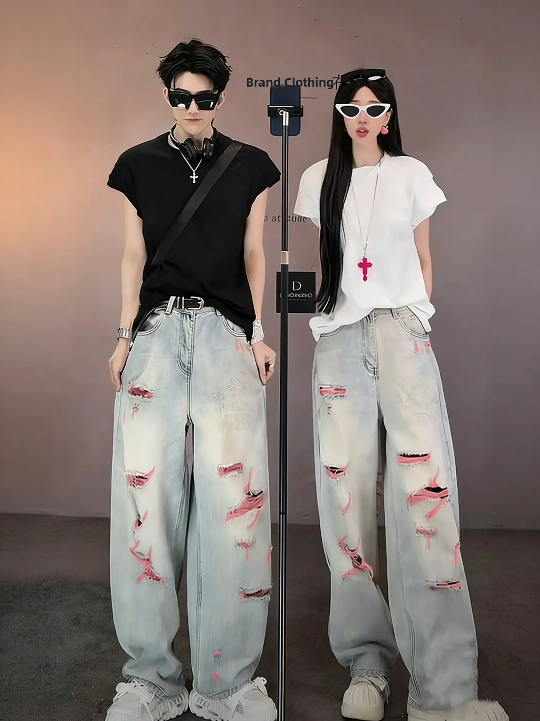 

Couples Summer Thin Embroidered Wide Leg Pants Men's Women's Straight Cut Jeans High Street Style Torn Denim Loose Fit Jeans