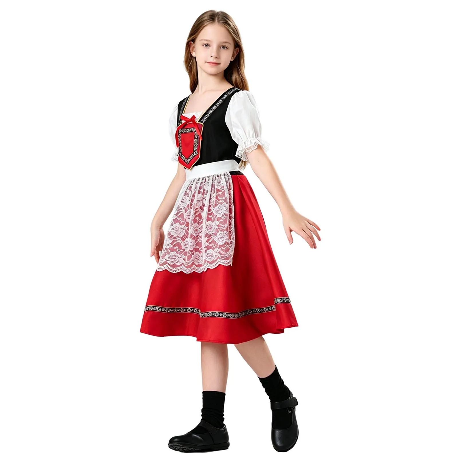 Kids Girls Oktoberfest Costume German Bavarian Dirndl Dress Short Sleeve Lace Dresses with Apron for Cosplay Halloween Carnival