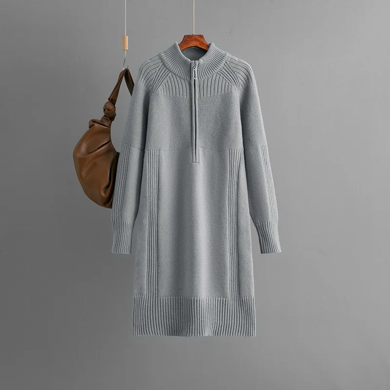 

2026 Fashion Half Zipper Knitted Dress Women's Loose Sweater Long DressesThicken Long-sleeve Casual Dresses