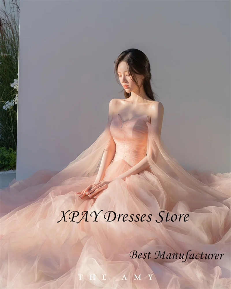 Xpay fada pálido tule rosa vestidos de noite coreia casamento sessão de fotos contas brilhantes plissados vestidos de baile festa formal personalizado