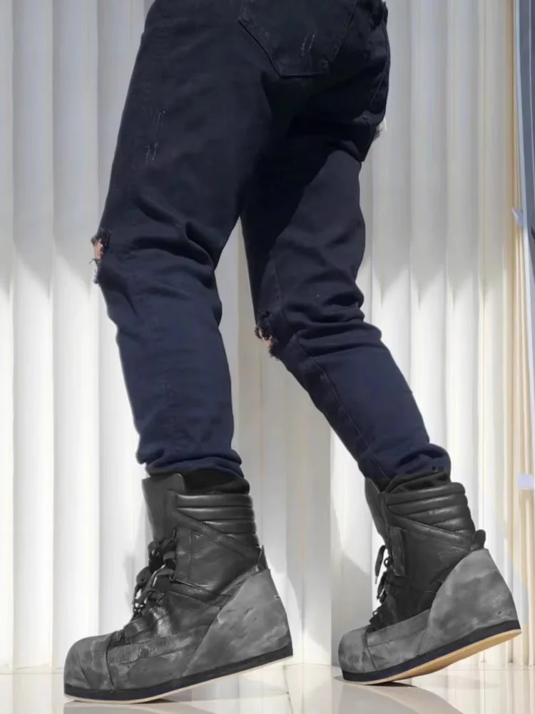 Gothic Design Men Cowhide Genuine Leather Ankle Boots Work Safety Shoes Vintage High Top Thick Platform Height Increasing Boots