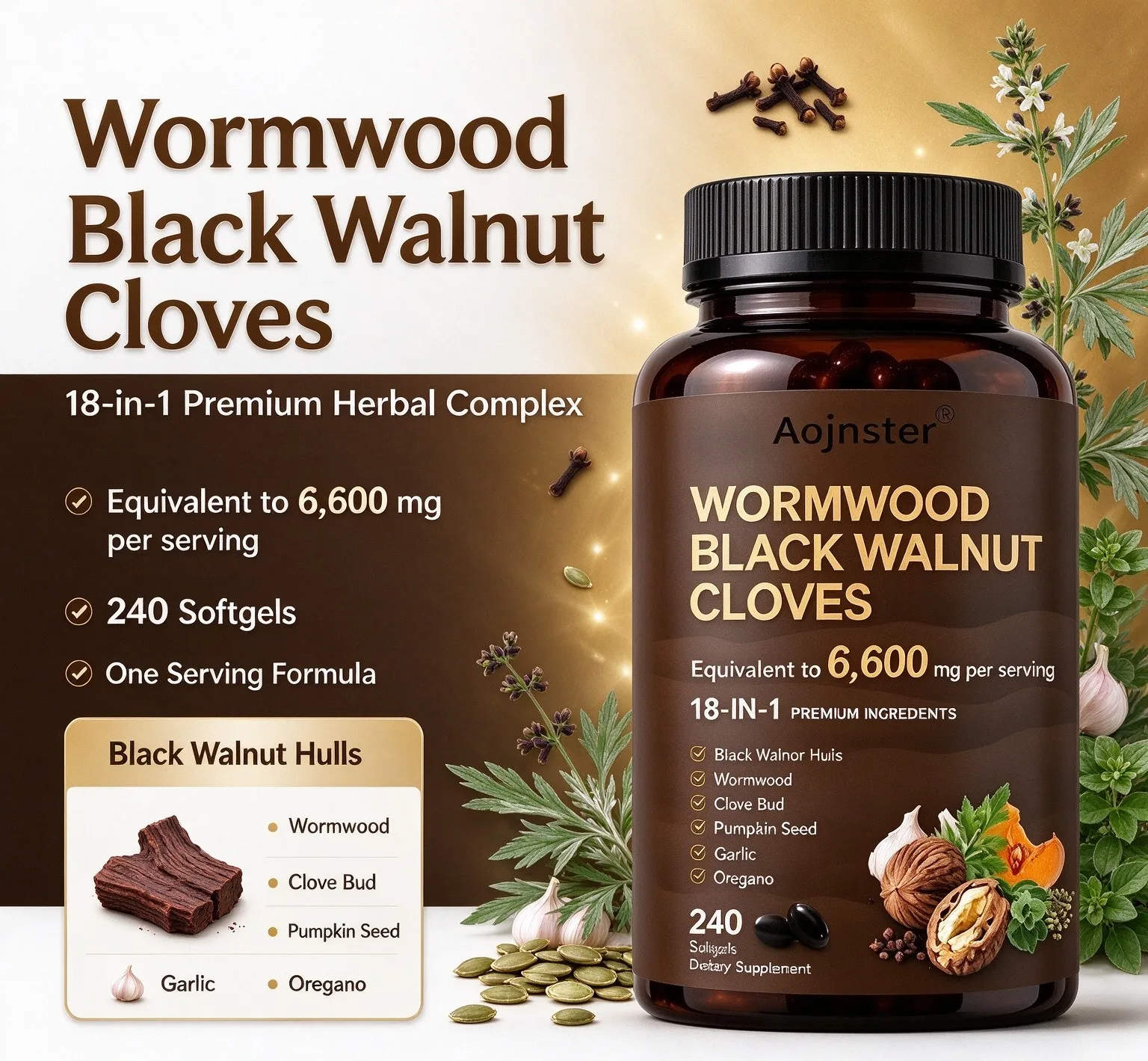 Wormwood Black Walnut Cloves Softgels, 18‑in‑1 Premium Herbal Formula,Adult Daily Botanical Dietary Supplement