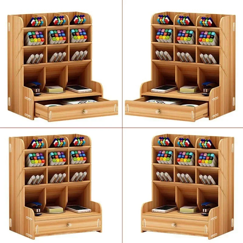 Wooden Pen Holder Storage Box Large Capacity Nordic Creative Fashion Multi-grid Pen Holder Office Desktop Storage Shelf