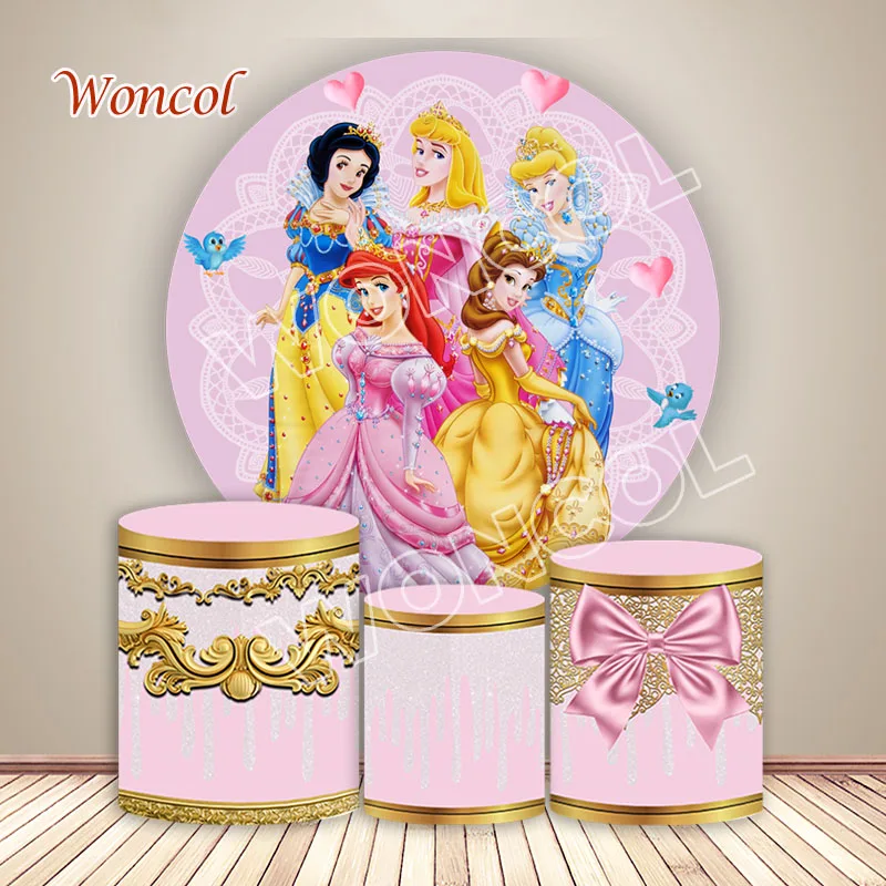 Disney Princess Round Cover Cinderella Aurora Ariel Belle Snow White Backdrop Girls Birthday Cylinder Cover Photocall Prop